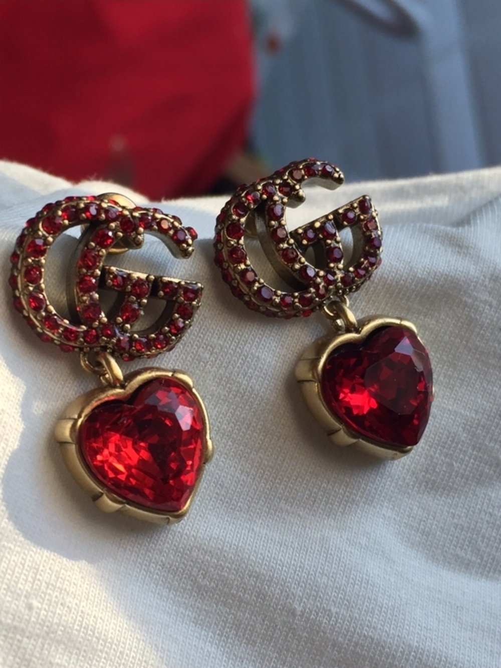 Authentic Gucci Gold-Tone GG Earrings with Red Crystal Heart Drops